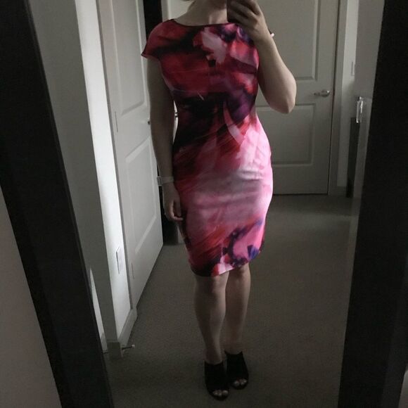 Julia Jordan Fuchsia Digital Print Scuba Business Office Cap Sleeve Dress Size 8 - Picture 3 of 9